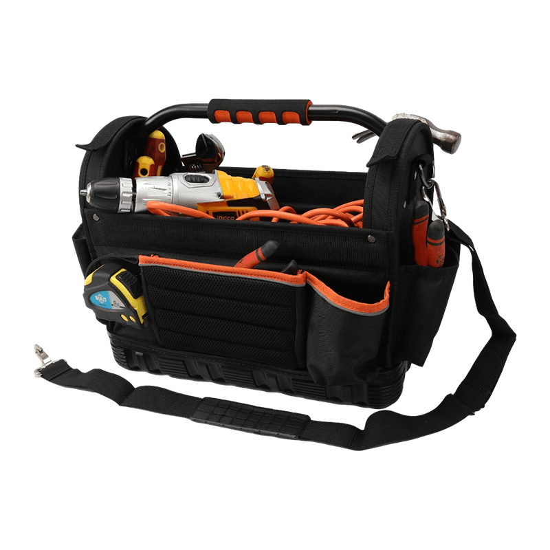 12' WERKZEUGTASCHE MIT DREHBAREM STAHLSTAHLGRIFF MIT WASSERDICHTEM, HOCHLEISTUNGS-, RUTSCHFESTEM BODEN, SERIE 600, SCHWARZ/ORANGE UND REFLEXSTREIFEN JKB-04518 12