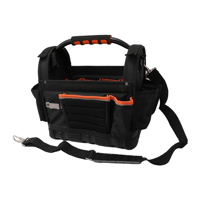 12' WERKZEUGTASCHE MIT DREHBAREM STAHLSTAHLGRIFF MIT WASSERDICHTEM, HOCHLEISTUNGS-, RUTSCHFESTEM BODEN, SERIE 600, SCHWARZ/ORANGE UND REFLEXSTREIFEN JKB-04518 12