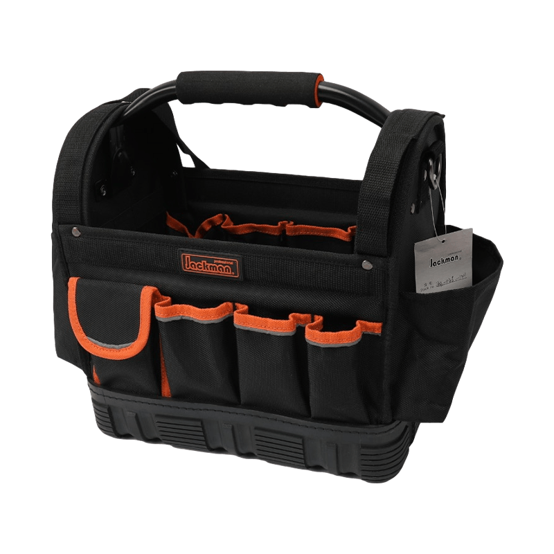 12' WERKZEUGTASCHE MIT DREHBAREM STAHLSTAHLGRIFF MIT WASSERDICHTEM, HOCHLEISTUNGS-, RUTSCHFESTEM BODEN, SERIE 600, SCHWARZ/ORANGE UND REFLEXSTREIFEN JKB-04518 12