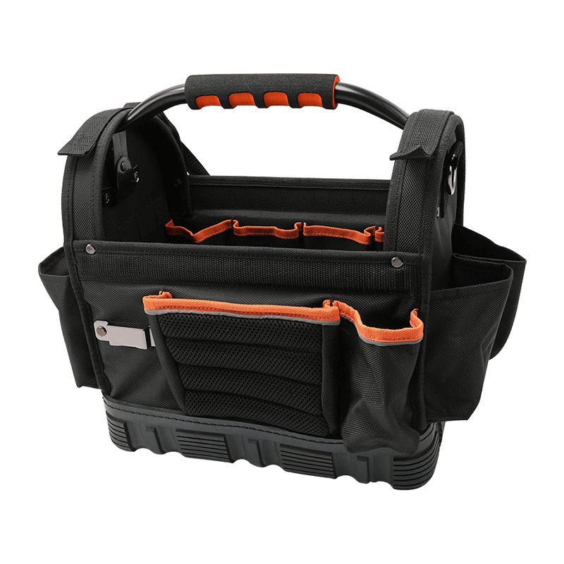 12' WERKZEUGTASCHE MIT DREHBAREM STAHLSTAHLGRIFF MIT WASSERDICHTEM, HOCHLEISTUNGS-, RUTSCHFESTEM BODEN, SERIE 600, SCHWARZ/ORANGE UND REFLEXSTREIFEN JKB-04518 12