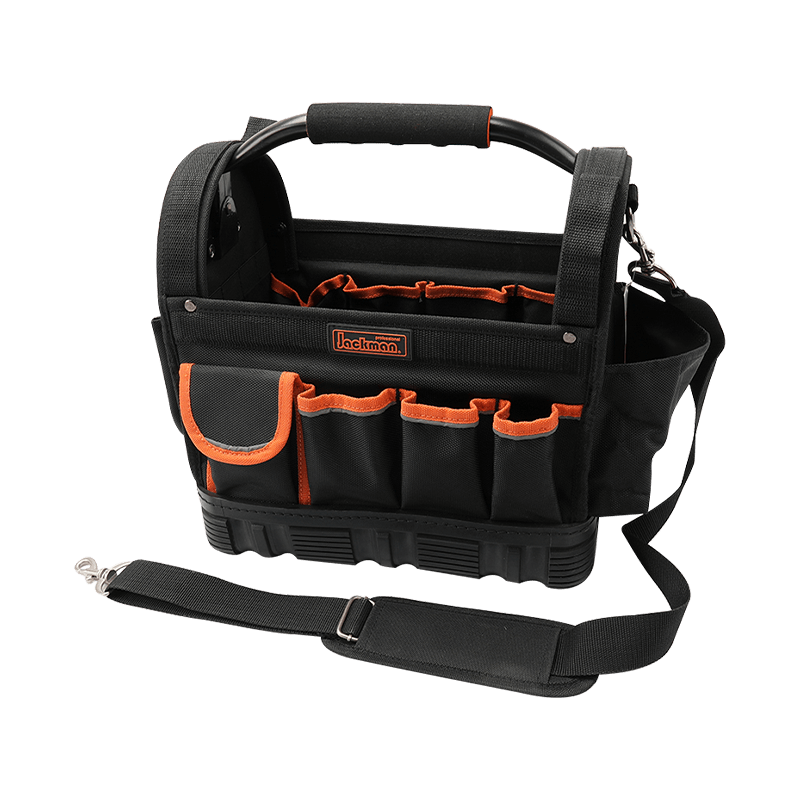 12' WERKZEUGTASCHE MIT DREHBAREM STAHLSTAHLGRIFF MIT WASSERDICHTEM, HOCHLEISTUNGS-, RUTSCHFESTEM BODEN, SERIE 600, SCHWARZ/ORANGE UND REFLEXSTREIFEN JKB-04518 12