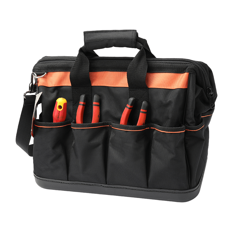 WASSERDICHTE 16'-WERKZEUGTASCHE AUS PP MIT BOTTOM GATE MOUTH, SERIE 600, SCHWARZ/ORANGE UND REFLEXSTREIFEN, HERGESTELLT AUS 1680D JKB-86014 16