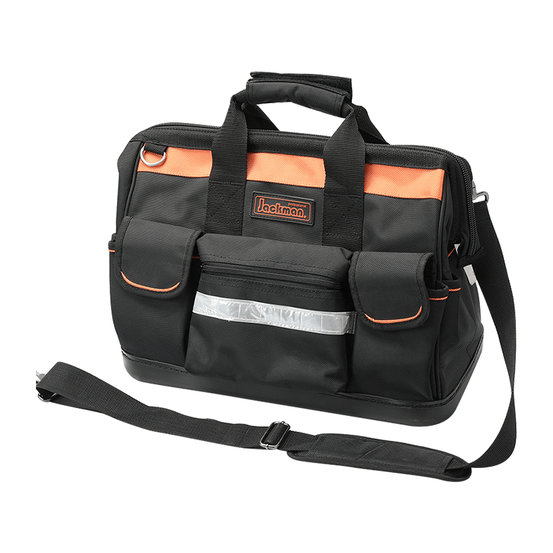 WASSERDICHTE 16'-WERKZEUGTASCHE AUS PP MIT BOTTOM GATE MOUTH, SERIE 600, SCHWARZ/ORANGE UND REFLEXSTREIFEN, HERGESTELLT AUS 1680D JKB-86014 16