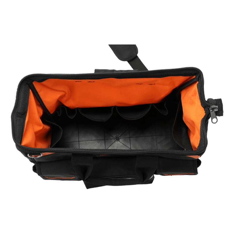 WASSERDICHTE 16'-WERKZEUGTASCHE AUS PP MIT BOTTOM GATE MOUTH, SERIE 600, SCHWARZ/ORANGE UND REFLEXSTREIFEN, HERGESTELLT AUS 1680D JKB-86014 16